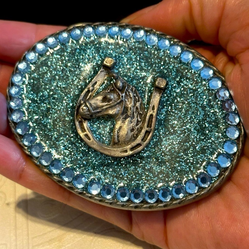 Rubyrudi Artist Western Belt Buckle Hand Crafted OOAK Blue Glitter Glass Rugged